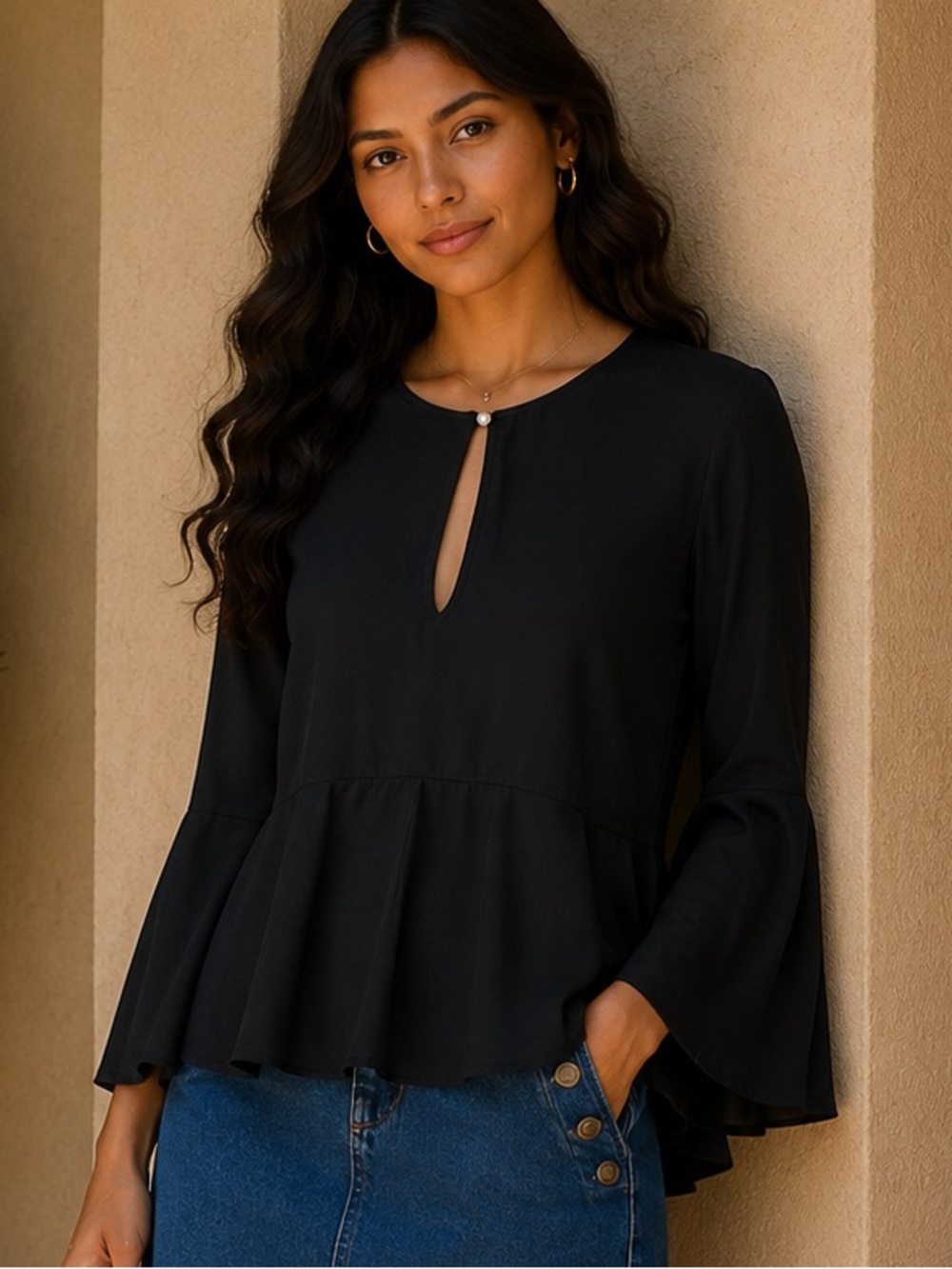 Halston Heritage Black Keyhole Blouse | Women’s Size XS | Long Sleeve Peplum